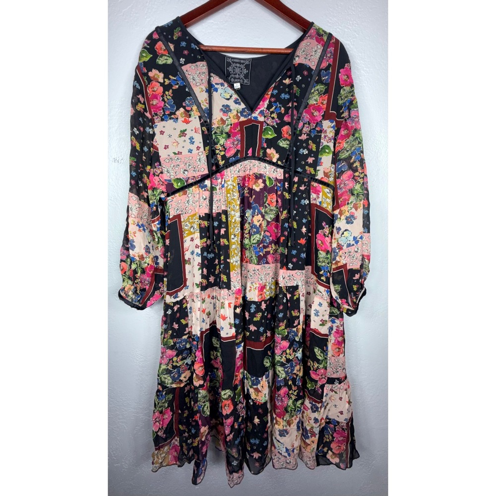 Johnny Was Jade Cruces Floral Patchwork Midi Dress Multicolor Boho V-Neck